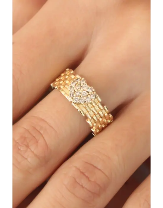 Gold Renk Zirkon Taşlı Kalpli Kadın Yüzük