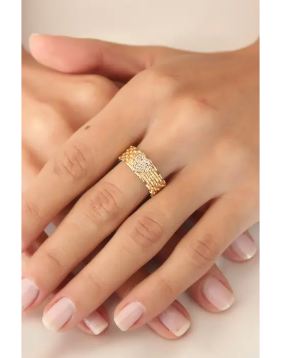 Gold Renk Zirkon Taşlı Kalpli Kadın Yüzük