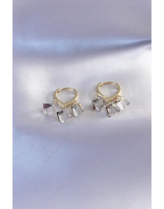 Gold Renk Zirkon Taşlı Kare Model Kadın Küpe