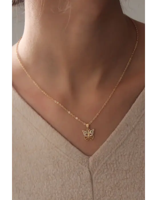 Gold Renk Zirkon Taşlı Kelebek Figür Kadın Kolye