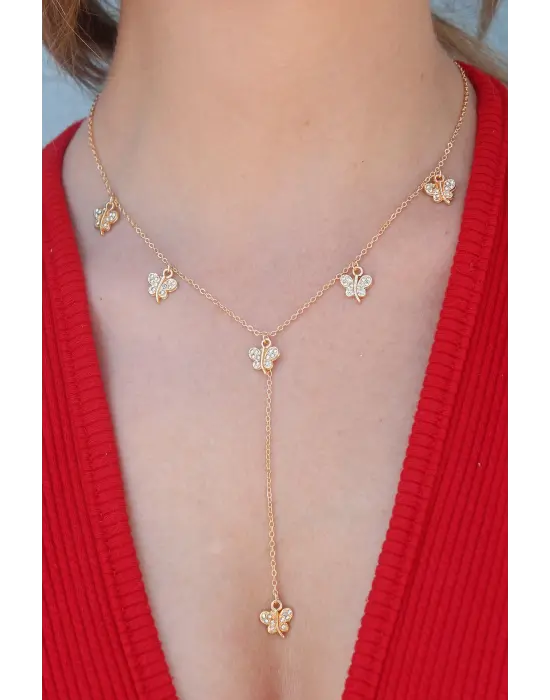 Gold Renk Zirkon Taşlı Kelebek Figür Sallantı Model Kadın Kolye