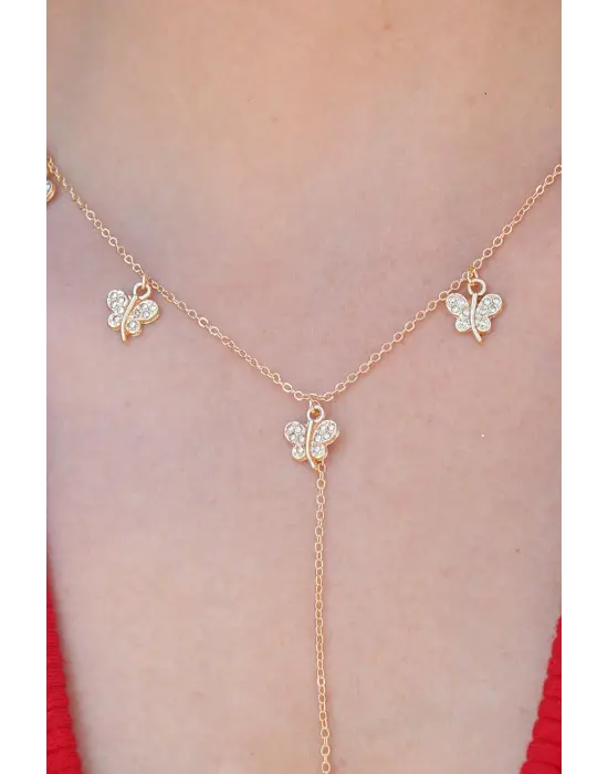 Gold Renk Zirkon Taşlı Kelebek Figür Sallantı Model Kadın Kolye