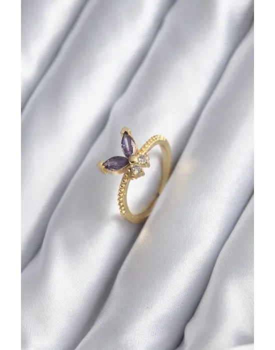 Altın Zirkon Taşlı Kelebek Model Çelik Yüzük