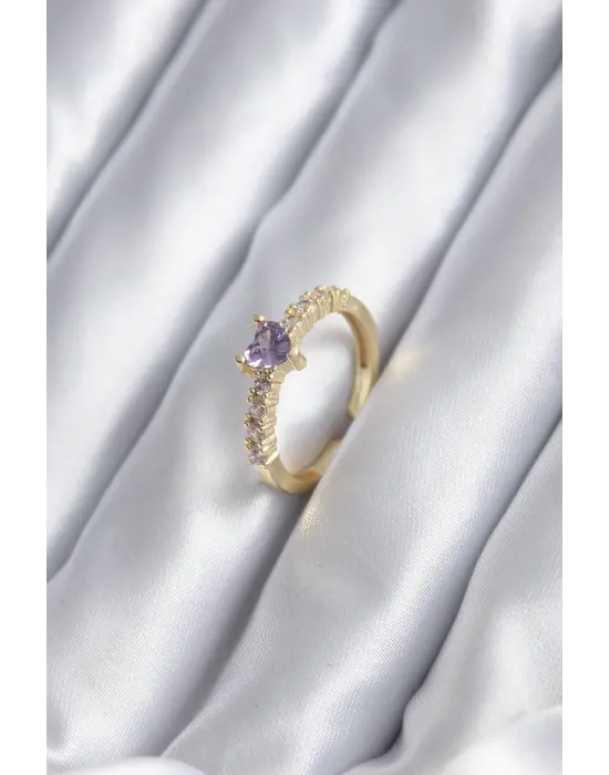 Altın Zirkon Taşlı Mor Kristal Kalp Model Çelik Yüzük