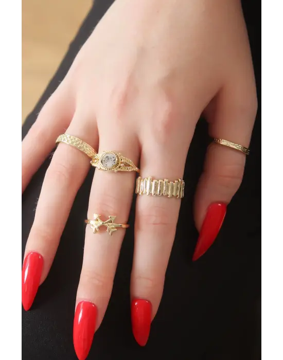 Gold Renk Zirkon Taşlı Ok Figür Bayan Yüzük Kombin