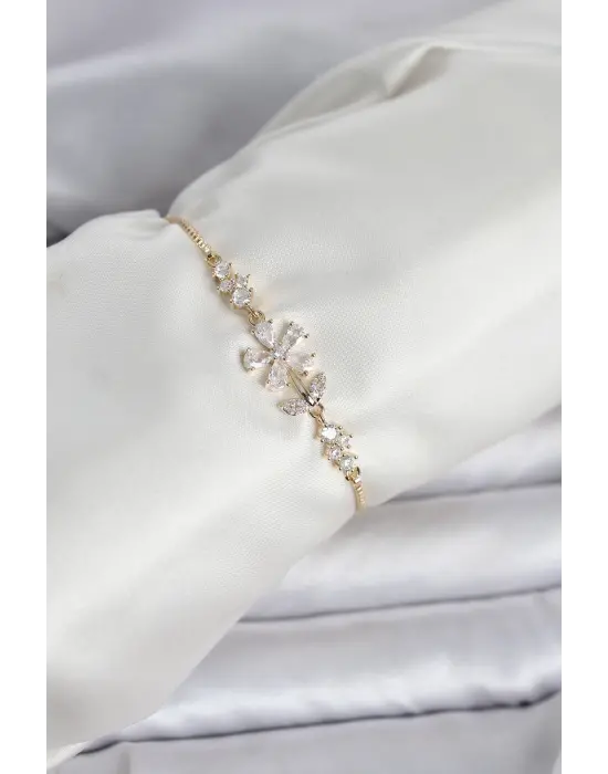 Gold Renk Zirkon Taşlı Papatya Model Asansörlü Kadın Bileklik