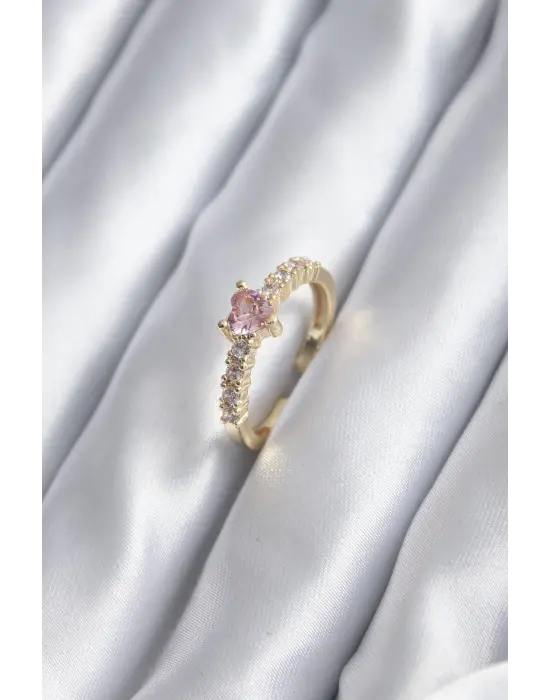 Altın Zirkon Taşlı Pembe Kristal Kalp Model Çelik Yüzük