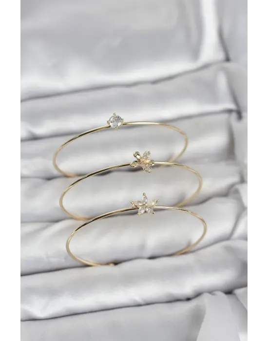 Gold Renk Zirkon Taşlı Pirinç 3lü Kadın Bileklik Kombini