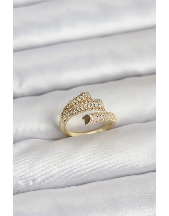 Gold Renk Zirkon Taşlı Pirinç Kadın Yüzük