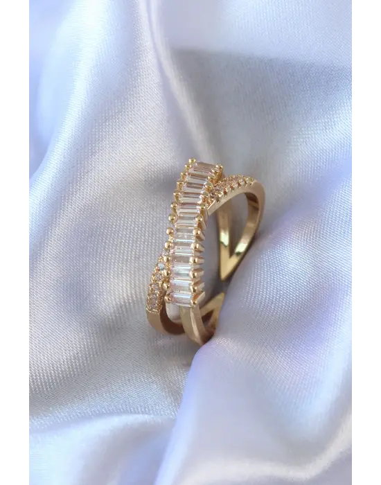 Gold Renk Zirkon Taşlı Pirinç Kadın Yüzük