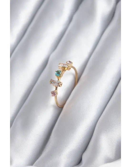 Gold Renk Zirkon Taşlı Renkli Zirkon Taşlı Kadın Yüzük