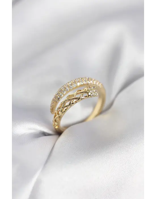 Gold Renk Zirkon Taşlı Sarmal Kadın Yüzük