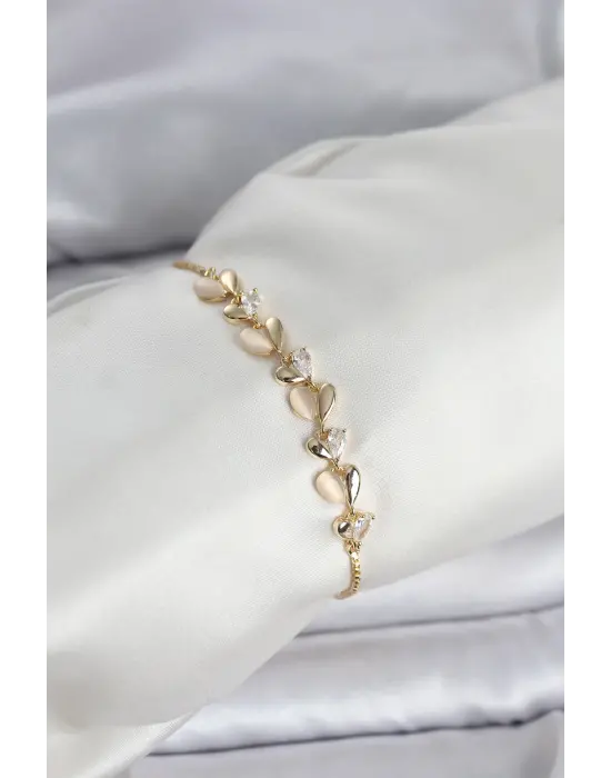 Gold Renk Zirkon Taşlı Sıralı Damla Model Asansörlü Kadın Bileklik