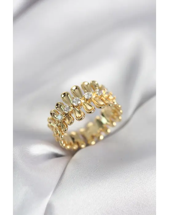 Gold Renk Zirkon Taşlı Sıralı Damla Model Kadın Yüzük