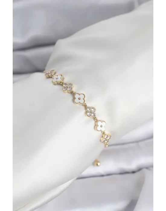 Gold Renk Zirkon Taşlı Sıralı Yonca Model Asansörlü Kadın Bileklik