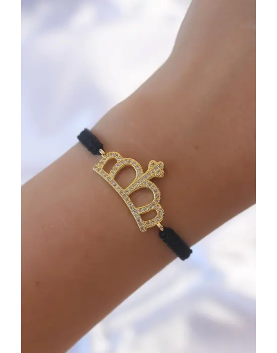 Gold Renk Zirkon Taşlı Taç Figür Makrome Bileklik