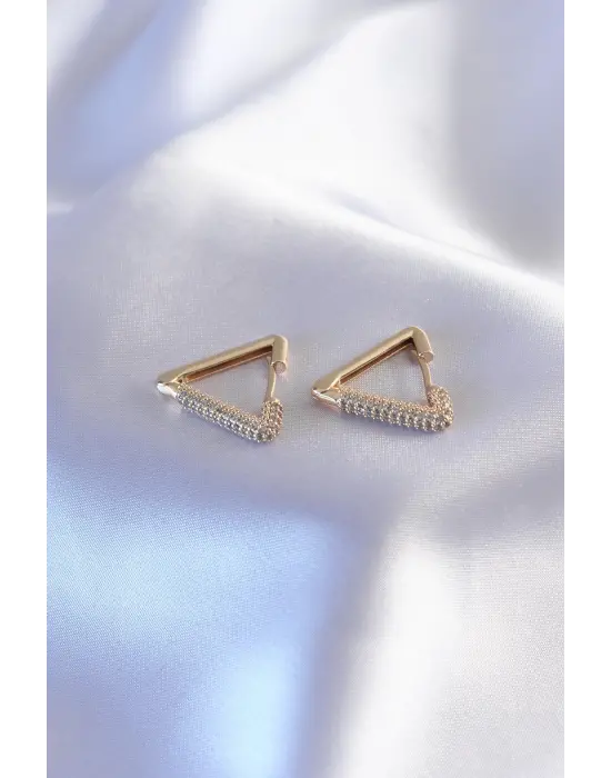 Altın Zirkon Taşlı Üçgen Model Çelik Küpe