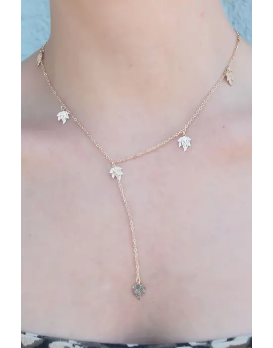 Gold Renk Zirkon Taşlı Yaprak Figür Kadın Kolye