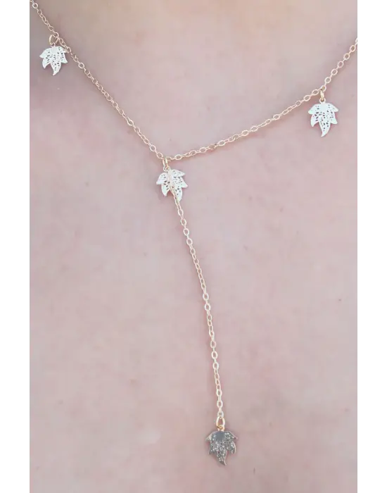 Gold Renk Zirkon Taşlı Yaprak Figür Kadın Kolye