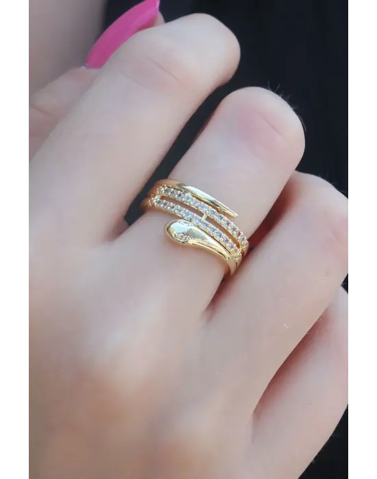 Gold Renk Zirkon Taşlı Yılan Model Kadın Yüzük