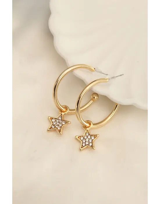 Gold Renk Zirkon Taşlı Yıldız Figürlü Halka Küpe