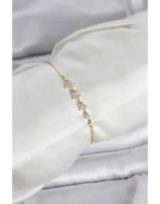 Gold Renk Zirkon Taşlı Yıldız Model Asansörlü Kadın Bileklik