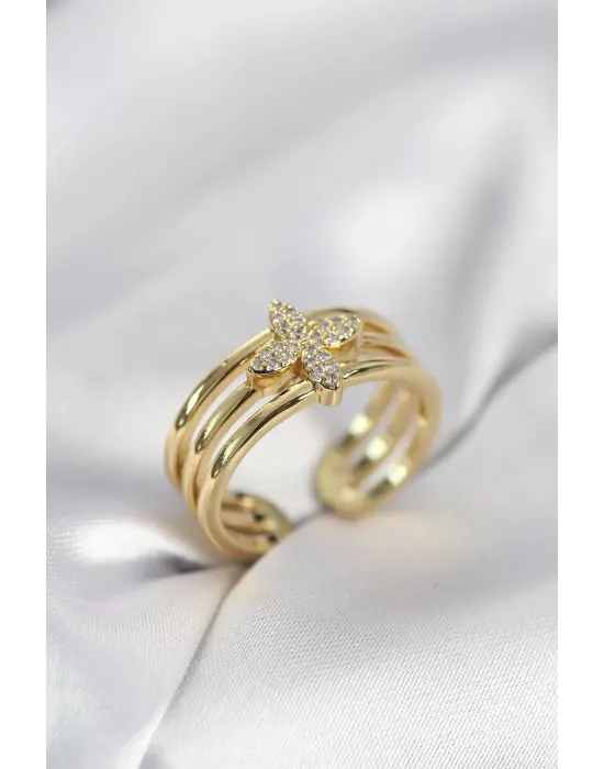 Gold Renk Zirkon Taşlı Yonca Model Kadın Yüzük