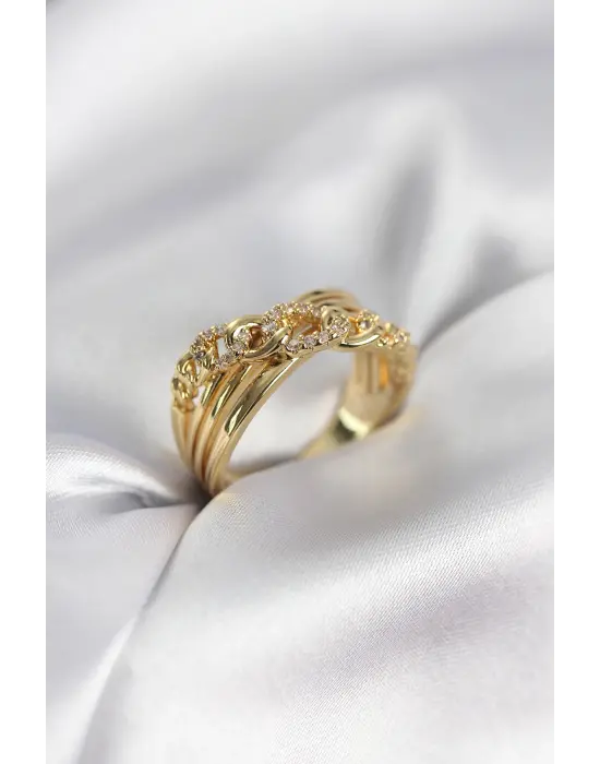 Gold Renk Zirkon Taşlı Zincir Model Kadın Yüzük