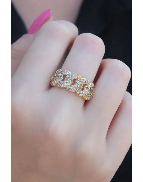 Gold Renk Zirkon Taşlı Zincir Model Kadın Yüzük