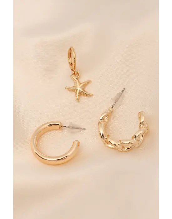 Gold Renkli Metal Minimal Deniz Yıldızı Burgu Detaylı Yarım Halka Küpe Seti