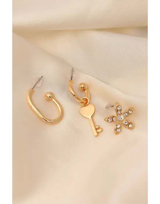 Gold Renkli Metal Zirkon Taşlı Kalpli Anahtar Detaylı Küpe Seti