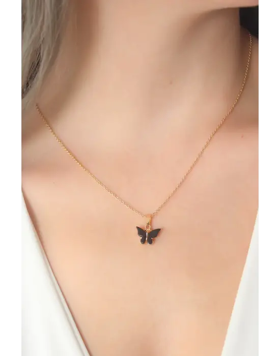 Altın Siyah  Kelebek Figür  Çelik Kolye
