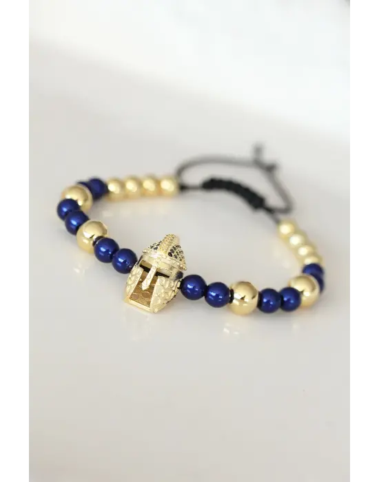 Gold Taşlı Miğfer Figürlü Lacivert Renk Çelik Bileklik