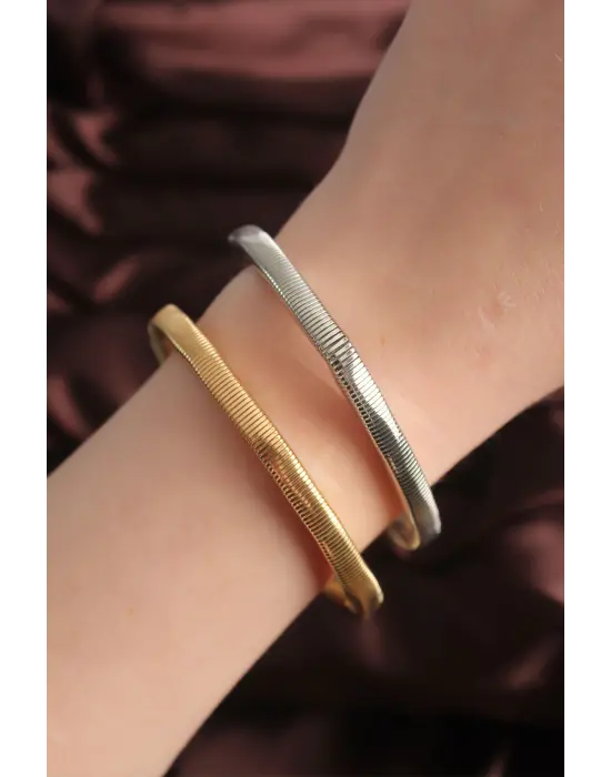 Gold ve Gümüş Renk Lastikli 2 li Pirinç Bileklik