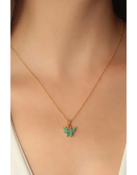 Altın Yeşil  Kelebek Figür  Çelik Kolye