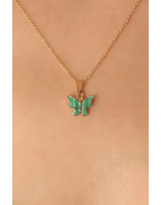 Altın Yeşil  Kelebek Figür  Çelik Kolye