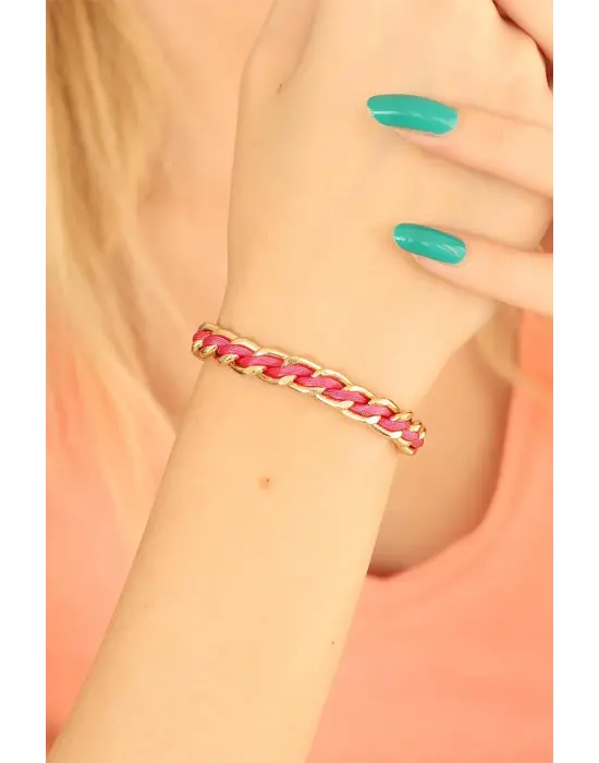 Gold Zincirli Pembe İpli Bayan Bileklik