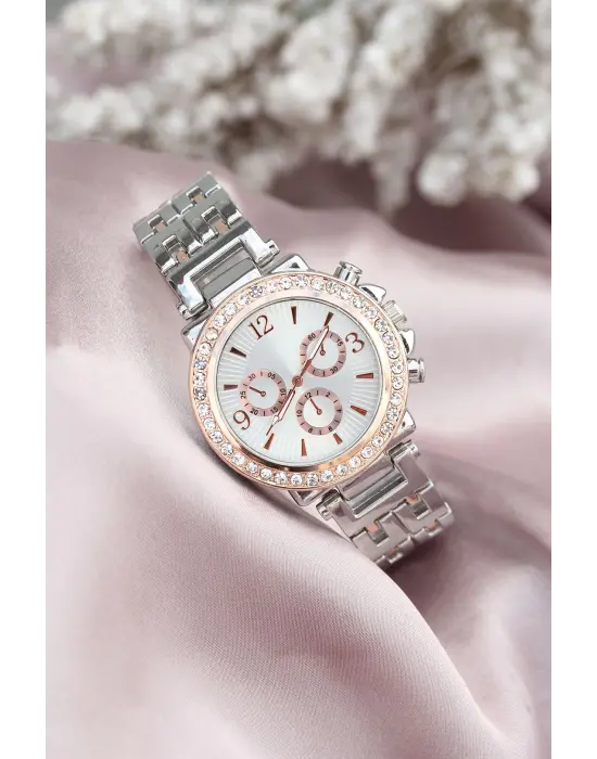 Gümüş Metal Kordonlu Rose Zirkon Taşlı Kasa Tasarımlı Kadın Saat