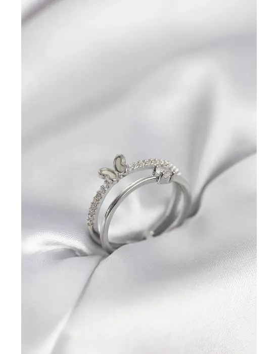 Gümüş Renk 2li Zirkon Taşlı Kelebek Model Kadın Yüzük