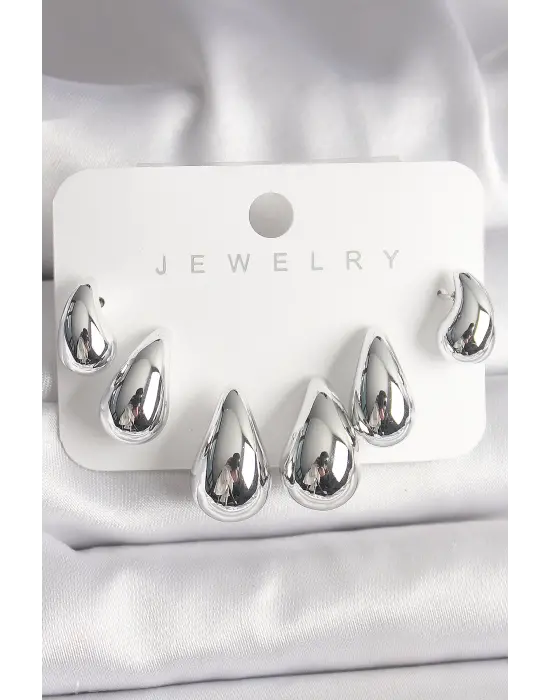 Gümüş 3Lü Damla Model CCB Plastik Çelik Küpe Seti