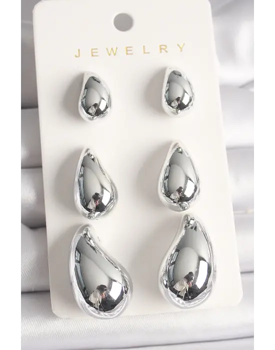 Gümüş 3Lü Damla Model CCB Plastik Çelik Küpe Seti