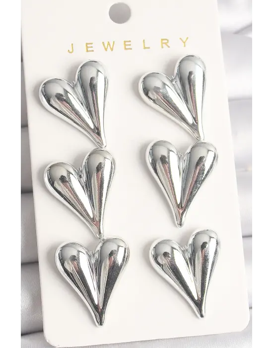 Gümüş 3Lü Kalp Model CCB Plasik Çelik Küpe Seti