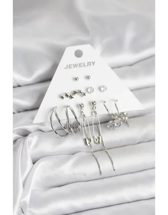 Ataçlı Yıldızlı Gümüş Renk 6lı Pirinç Küpe Seti