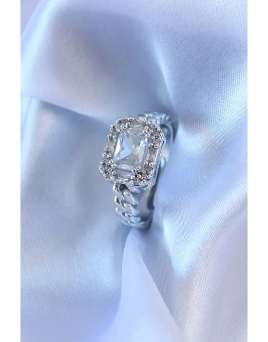 Gümüş Renk Baget Zirkon Taşlı Zincir Model Kadın Yüzük