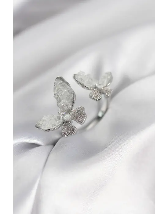 Gümüş Renk Beyaz Kelebek Model Zirkon Taşlı Kadın Yüzük