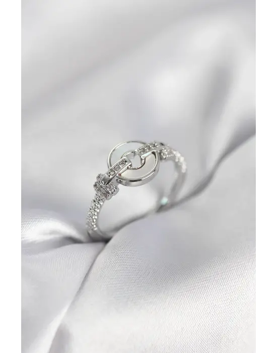 Gümüş Renk Daire Form Sedef ve Zirkon Taşlı Kadın Yüzük