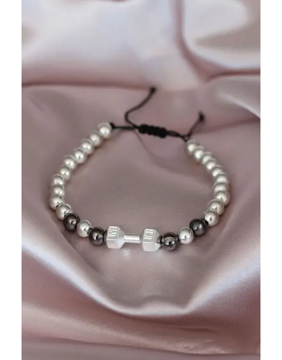 Gümüş Renk Dambıl Aksesuarlı El Örgüsü Erkek Bileklik