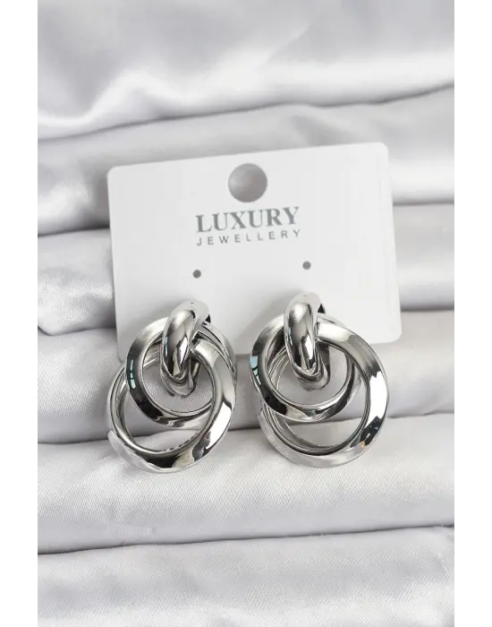 Gümüş Renk İç İçe Geçmiş Halka Model Çelik Kadın Küpe