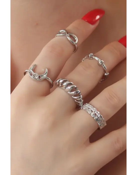 Gümüş Renk Hilal Figür Zirkon Taşlı Bayan Yüzük Kombin