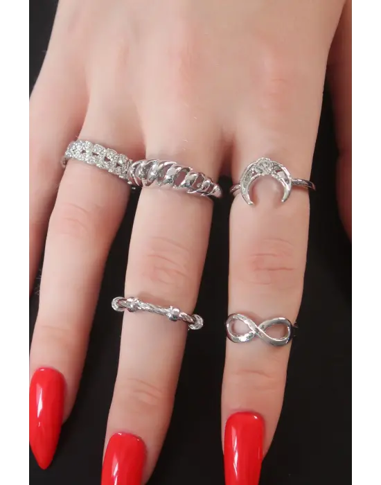 Gümüş Renk Hilal Figür Zirkon Taşlı Bayan Yüzük Kombin